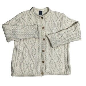 Paul James England Fisherman Cardigan Wooden Buttons Thick Knit Size Large Beige